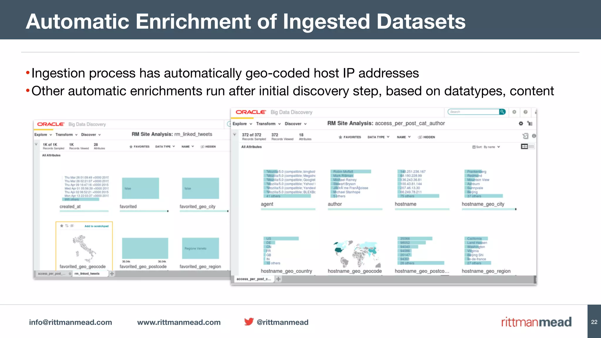 info@rittmanmead.com www.rittmanmead.com @rittmanmead 22
•Ingestion process has automatically geo-coded host IP addresses

•Other automatic enrichments run after initial discovery step, based on datatypes, content
Automatic Enrichment of Ingested Datasets
 