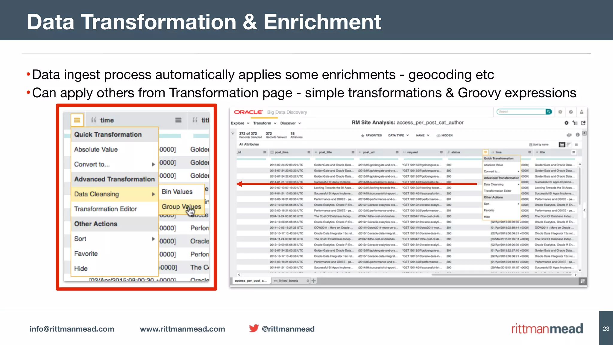 info@rittmanmead.com www.rittmanmead.com @rittmanmead 23
•Data ingest process automatically applies some enrichments - geocoding etc

•Can apply others from Transformation page - simple transformations & Groovy expressions
Data Transformation & Enrichment
 