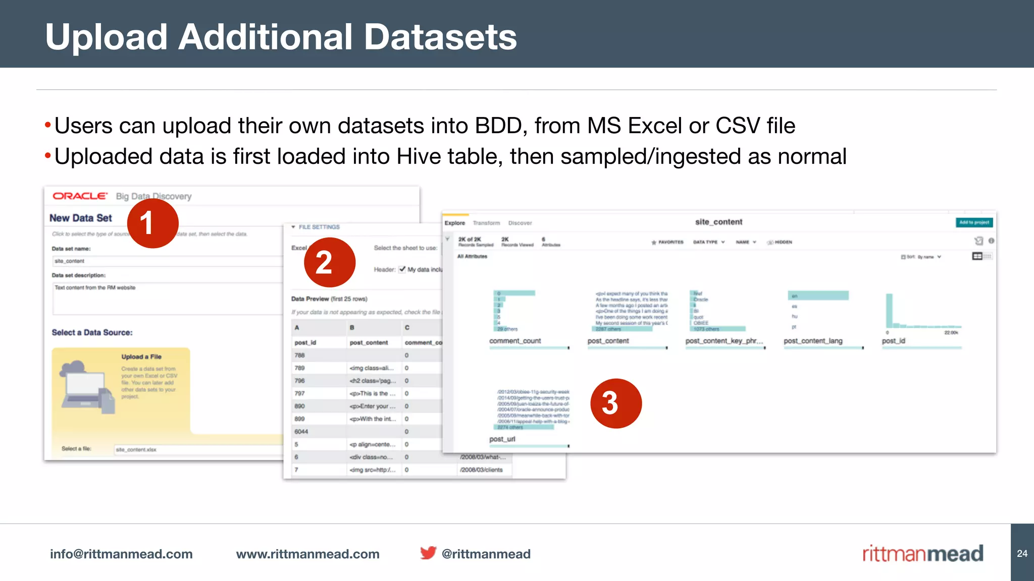 info@rittmanmead.com www.rittmanmead.com @rittmanmead 24
•Users can upload their own datasets into BDD, from MS Excel or CSV file

•Uploaded data is first loaded into Hive table, then sampled/ingested as normal
Upload Additional Datasets
1
2
3
 