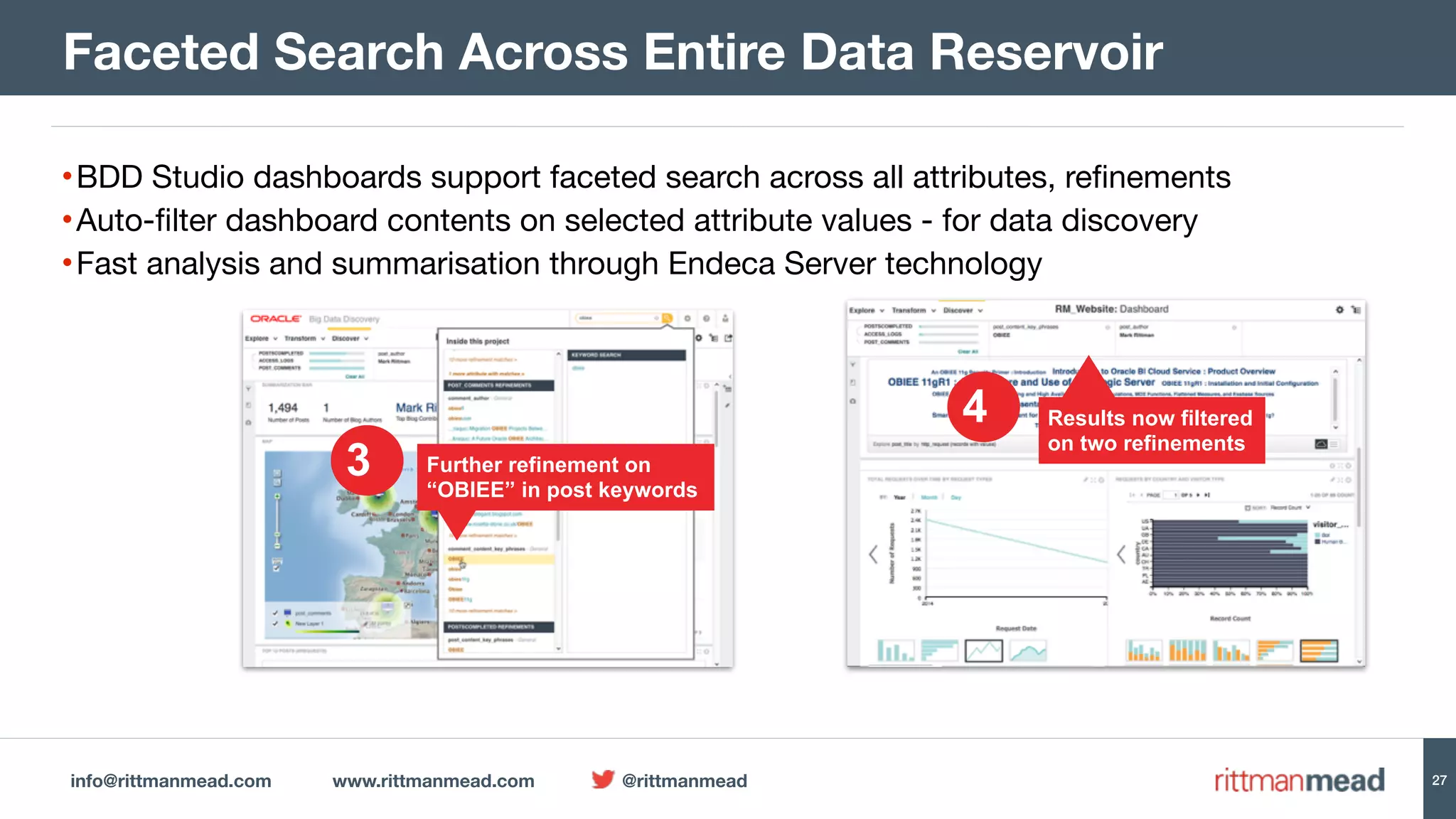 info@rittmanmead.com www.rittmanmead.com @rittmanmead 27
•BDD Studio dashboards support faceted search across all attributes, refinements

•Auto-filter dashboard contents on selected attribute values - for data discovery

•Fast analysis and summarisation through Endeca Server technology
Faceted Search Across Entire Data Reservoir
Further refinement on 
“OBIEE” in post keywords
3
Results now filtered 
on two refinements
4
 