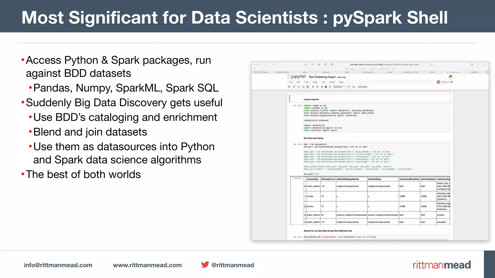 info@rittmanmead.com www.rittmanmead.com @rittmanmead
•Access Python & Spark packages, run
against BDD datasets

•Pandas, Numpy, SparkML, Spark SQL

•Suddenly Big Data Discovery gets useful

•Use BDD’s cataloging and enrichment

•Blend and join datasets

•Use them as datasources into Python 
and Spark data science algorithms

•The best of both worlds
Most Significant for Data Scientists : pySpark Shell
 