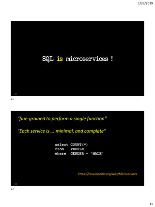 1/29/2019
11
SQL is microservices !
21
22
"fine-grained to perform a single function"
"Each service is ... minimal, and complete"
https://en.wikipedia.org/wiki/Microservices
select COUNT(*)
from PEOPLE
where GENDER = 'MALE'
21
22
 