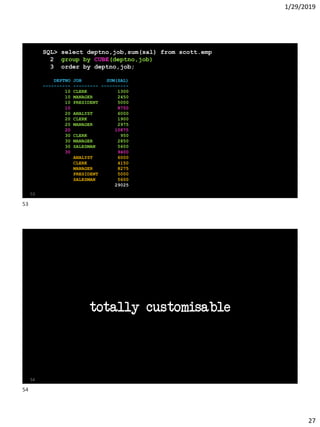 1/29/2019
27
SQL> select deptno,job,sum(sal) from scott.emp
2 group by CUBE(deptno,job)
3 order by deptno,job;
DEPTNO JOB SUM(SAL)
---------- --------- ----------
10 CLERK 1300
10 MANAGER 2450
10 PRESIDENT 5000
10 8750
20 ANALYST 6000
20 CLERK 1900
20 MANAGER 2975
20 10875
30 CLERK 950
30 MANAGER 2850
30 SALESMAN 5600
30 9400
ANALYST 6000
CLERK 4150
MANAGER 8275
PRESIDENT 5000
SALESMAN 5600
29025
53
totally customisable
54
53
54
 