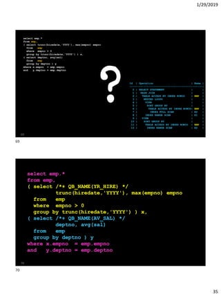 1/29/2019
35
?
69
select emp.*
from emp,
( select trunc(hiredate,'YYYY'), max(empno) empno
from emp
where empno > 0
group by trunc(hiredate,'YYYY') ) x,
( select deptno, avg(sal)
from emp
group by deptno ) y
where x.empno = emp.empno
and y.deptno = emp.deptno
Id | Operation | Name |
----------------------------------------------|
0 | SELECT STATEMENT | |
1 | HASH JOIN | |
2 | TABLE ACCESS BY INDEX ROWID | EMP |
3 | NESTED LOOPS | |
4 | VIEW | |
5 | SORT GROUP BY | |
6 | TABLE ACCESS BY INDEX ROWID| EMP |
7 | INDEX FULL SCAN | E2 |
8 | INDEX RANGE SCAN | E1 |
9 | VIEW | |
10 | SORT GROUP BY | |
11 | TABLE ACCESS BY INDEX ROWID | EMP |
12 | INDEX RANGE SCAN | E2 |
select emp.*
from emp,
( select /*+ QB_NAME(YR_HIRE) */
trunc(hiredate,'YYYY'), max(empno) empno
from emp
where empno > 0
group by trunc(hiredate,'YYYY') ) x,
( select /*+ QB_NAME(AV_SAL) */
deptno, avg(sal)
from emp
group by deptno ) y
where x.empno = emp.empno
and y.deptno = emp.deptno
70
select emp.*
from emp,
( select /*+ QB_NAME(YR_HIRE) */
trunc(hiredate,'YYYY'), max(empno) empno
from emp
where empno > 0
group by trunc(hiredate,'YYYY') ) x,
( select /*+ QB_NAME(AV_SAL) */
deptno, avg(sal)
from emp
group by deptno ) y
where x.empno = emp.empno
and y.deptno = emp.deptno
69
70
 