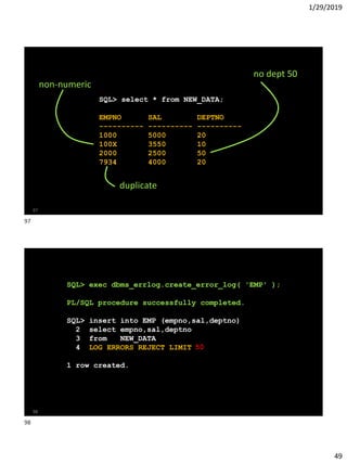 1/29/2019
49
SQL> select * from NEW_DATA;
EMPNO SAL DEPTNO
---------- ---------- ----------
1000 5000 20
100X 3550 10
2000 2500 50
7934 4000 20
97
non-numeric
no dept 50
duplicate
SQL> exec dbms_errlog.create_error_log( 'EMP' );
PL/SQL procedure successfully completed.
SQL> insert into EMP (empno,sal,deptno)
2 select empno,sal,deptno
3 from NEW_DATA
4 LOG ERRORS REJECT LIMIT UNLIMITED;
1 row created.
98
50
97
98
 