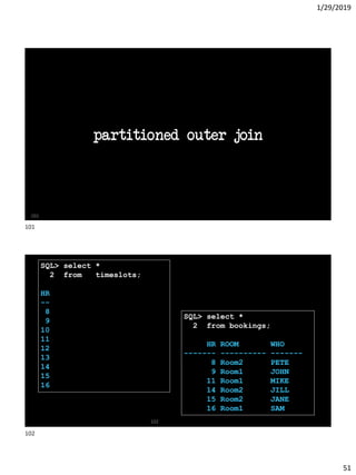 1/29/2019
51
partitioned outer join
101
102
SQL> select *
2 from timeslots;
HR
--
8
9
10
11
12
13
14
15
16
SQL> select *
2 from bookings;
HR ROOM WHO
------- ---------- -------
8 Room2 PETE
9 Room1 JOHN
11 Room1 MIKE
14 Room2 JILL
15 Room2 JANE
16 Room1 SAM
101
102
 