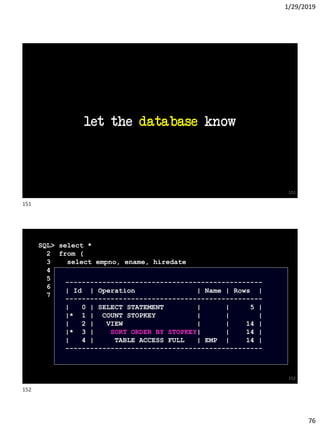 1/29/2019
76
let the database know
151
SQL> select *
2 from (
3 select empno, ename, hiredate
4 from emp
5 order by hiredate desc
6 )
7 where rownum <= 5;
152
------------------------------------------------
| Id | Operation | Name | Rows |
------------------------------------------------
| 0 | SELECT STATEMENT | | 5 |
|* 1 | COUNT STOPKEY | | |
| 2 | VIEW | | 14 |
|* 3 | SORT ORDER BY STOPKEY| | 14 |
| 4 | TABLE ACCESS FULL | EMP | 14 |
------------------------------------------------
151
152
 