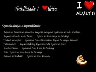 Visibilidade I Alvito

Operacionalização e Responsabilidades:
• Criação de Gabinete de promoção e divulgação com ligação e patrocinio de todos os actores;
• Imagem Gráfica das acções Evento – Agência de Meios & Dep. De Marketing;
• Produção das acções – Agência de Meios, Patrocinadores, Dep. de Marketing e Direcção;
• Patrocinadores – Dep. De Marketing, Dep. Comercial & Agência de Meios;
• Relações Públicas – Agência de Meios & Dep. De Marketing;
• Media- Agência de Meios & Dep. De Marketing;
• Avaliação de Resultados – Agência de Meios, Direcção.
 