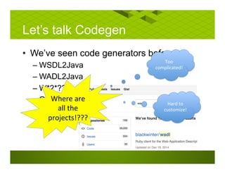Let’s talk Codegen
• We’ve seen code generators before…
– WSDL2Java
– WADL2Java
– W*2*???
– ODataWhere are
all the
projects!???
Too
complicated!
Hard to
customize!