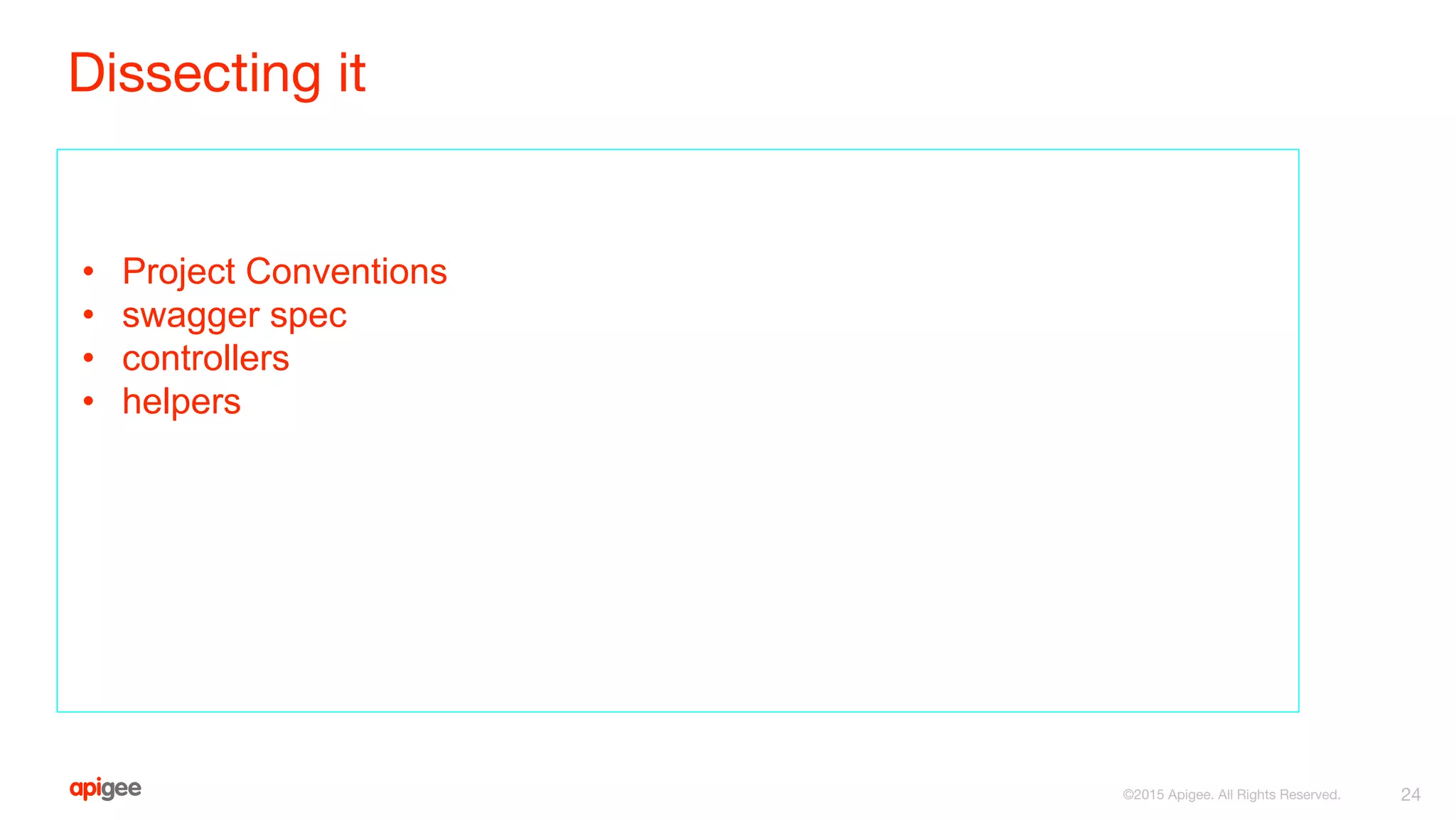 Dissecting it
• Project Conventions
• swagger spec
• controllers
• helpers
24©2015 Apigee. All Rights Reserved.
 