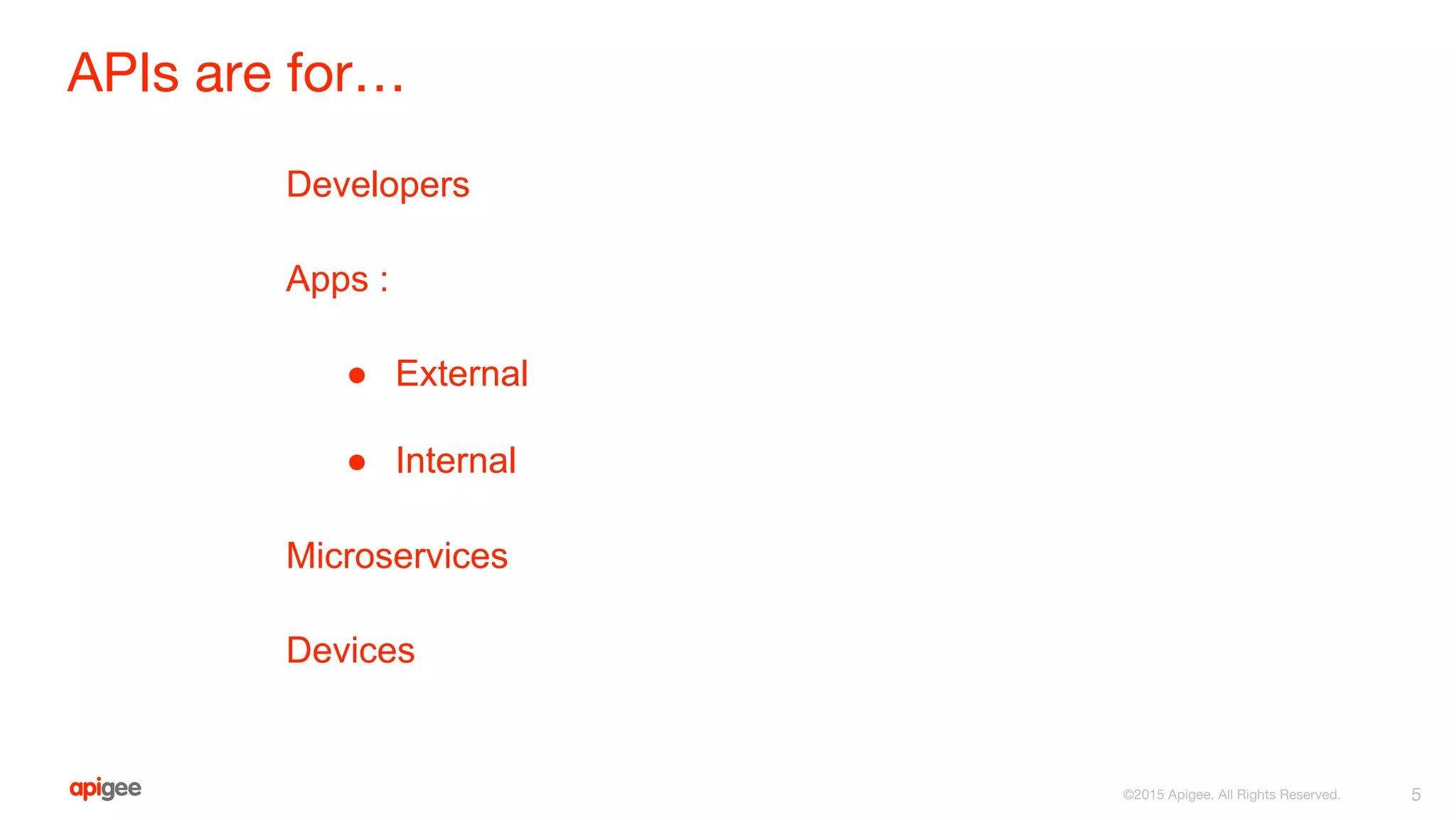 APIs are for…
Developers
Apps :
● External
● Internal
Microservices
Devices
5©2015 Apigee. All Rights Reserved.
 