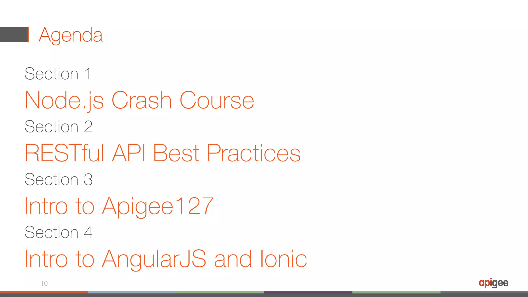 Agenda Section 1 Node.js Crash Course Section 2 RESTful API Best Practices Section 3 Intro to Apigee127 Section 4 Intro to AngularJS and Ionic 10 