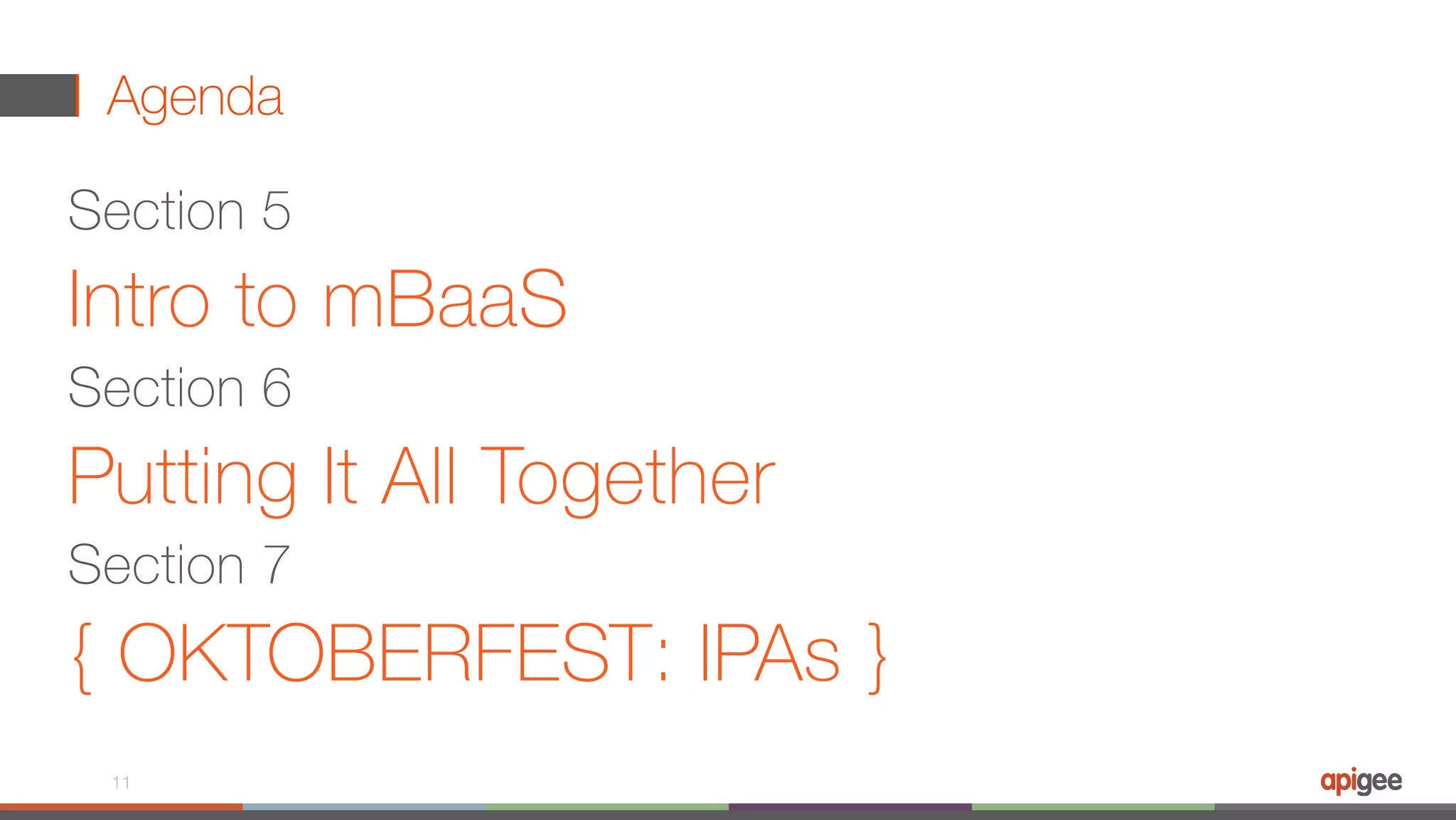 Agenda Section 5 Intro to mBaaS Section 6 Putting It All Together Section 7 { OKTOBERFEST: IPAs } 11 