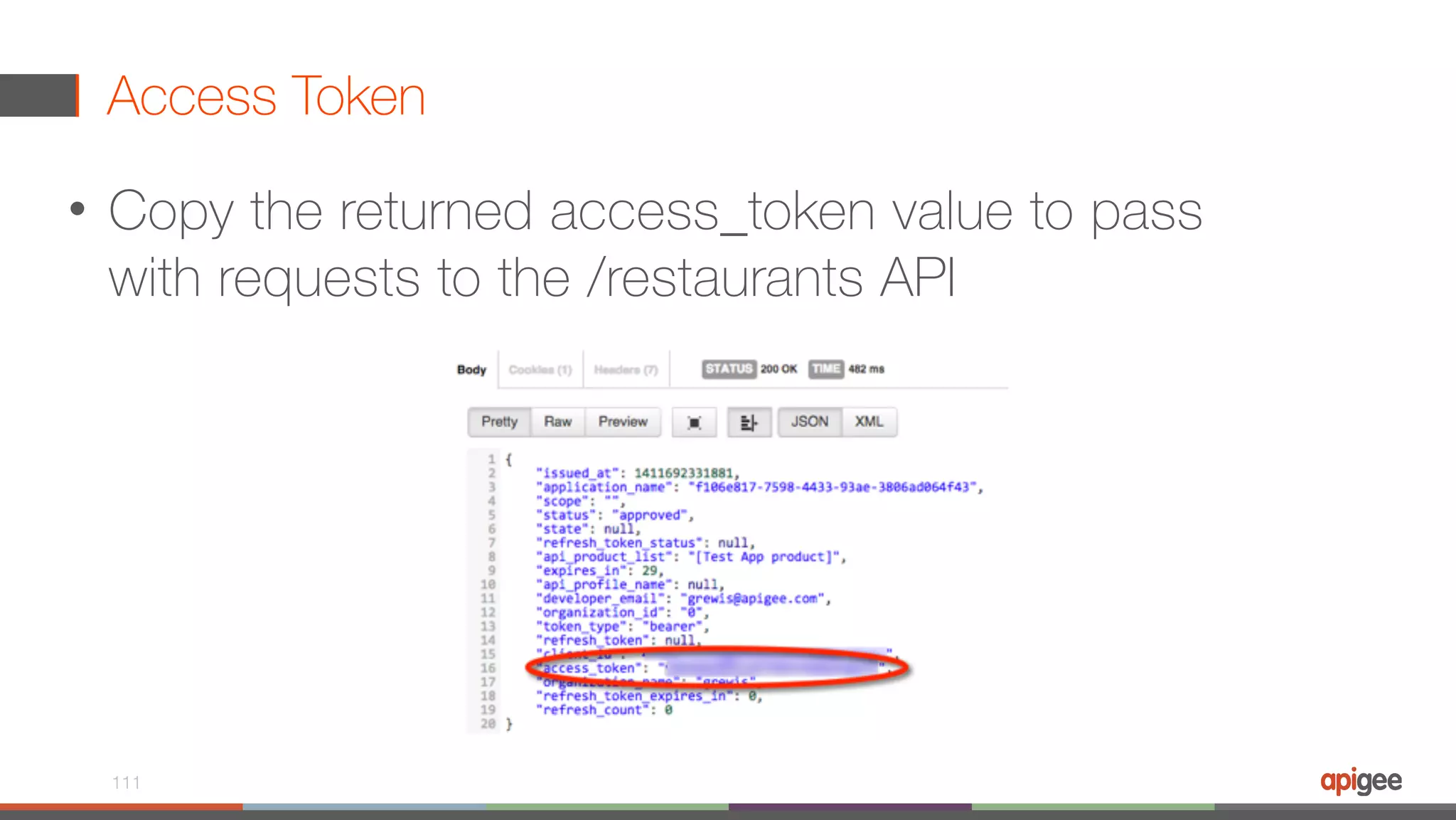 Access Token • Copy the returned access_token value to pass with requests to the /restaurants API 111 