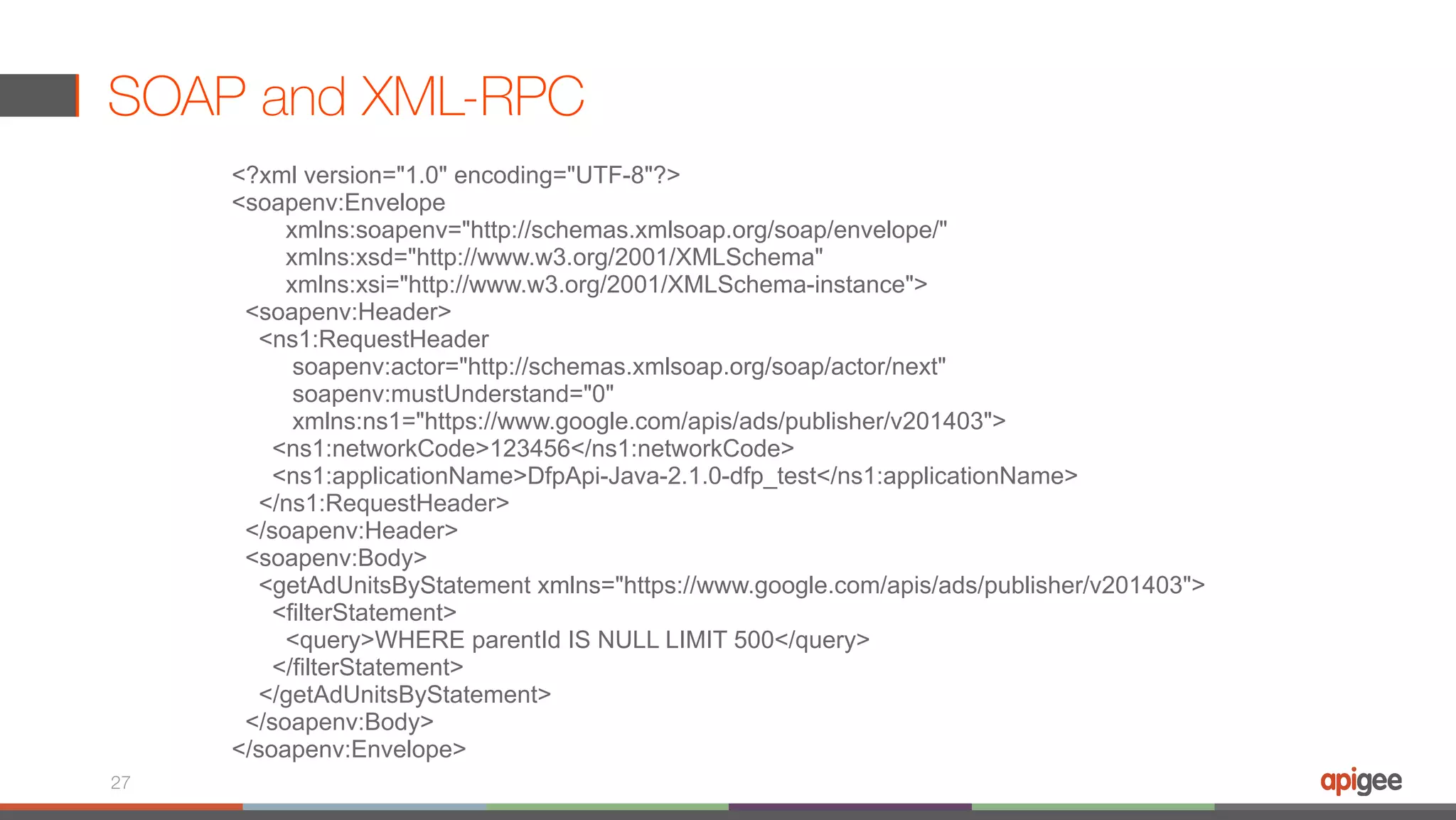 SOAP and XML-RPC 27 <?xml version="1.0" encoding="UTF-8"?> <soapenv:Envelope xmlns:soapenv="http://schemas.xmlsoap.org/soap/envelope/" xmlns:xsd="http://www.w3.org/2001/XMLSchema" xmlns:xsi="http://www.w3.org/2001/XMLSchema-instance"> <soapenv:Header> <ns1:RequestHeader soapenv:actor="http://schemas.xmlsoap.org/soap/actor/next" soapenv:mustUnderstand="0" xmlns:ns1="https://www.google.com/apis/ads/publisher/v201403"> <ns1:networkCode>123456</ns1:networkCode> <ns1:applicationName>DfpApi-Java-2.1.0-dfp_test</ns1:applicationName> </ns1:RequestHeader> </soapenv:Header> <soapenv:Body> <getAdUnitsByStatement xmlns="https://www.google.com/apis/ads/publisher/v201403"> <filterStatement> <query>WHERE parentId IS NULL LIMIT 500</query> </filterStatement> </getAdUnitsByStatement> </soapenv:Body> </soapenv:Envelope> 