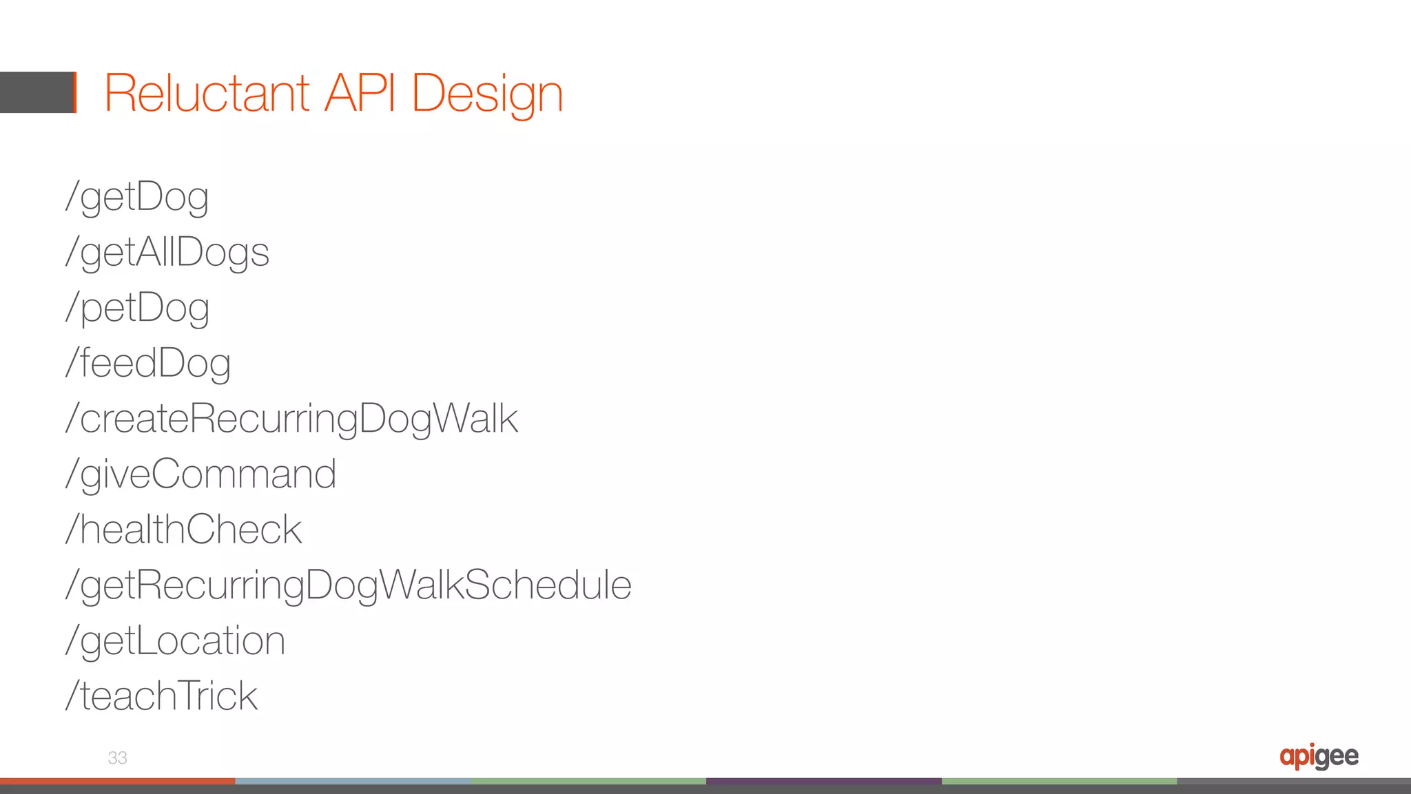 Reluctant API Design /getDog /getAllDogs /petDog /feedDog /createRecurringDogWalk /giveCommand /healthCheck /getRecurringDogWalkSchedule /getLocation /teachTrick 33 