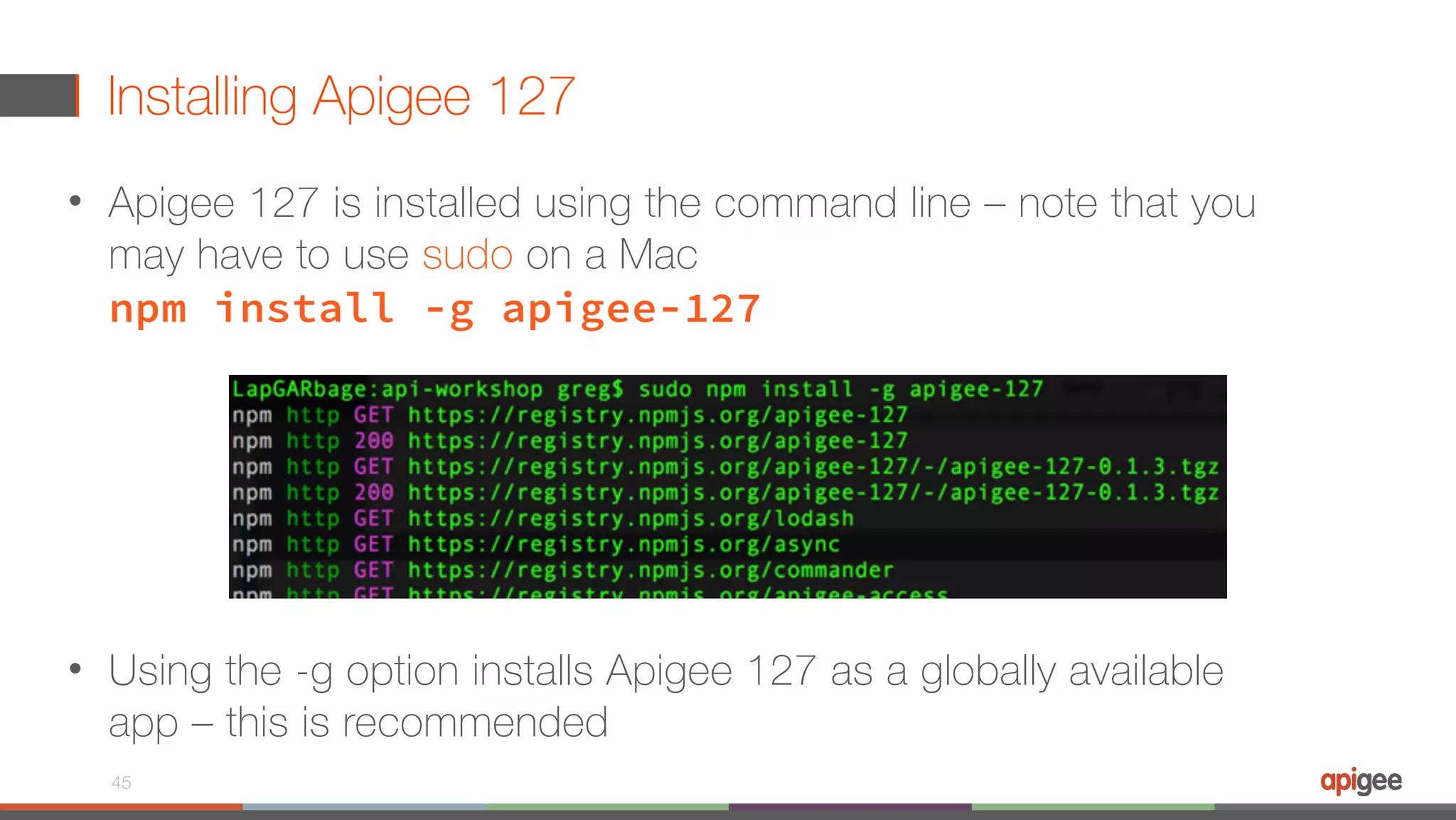 Installing Apigee 127 • Apigee 127 is installed using the command line – note that you may have to use sudo on a Mac  npm install -g apigee-127 • Using the -g option installs Apigee 127 as a globally available app – this is recommended 45 