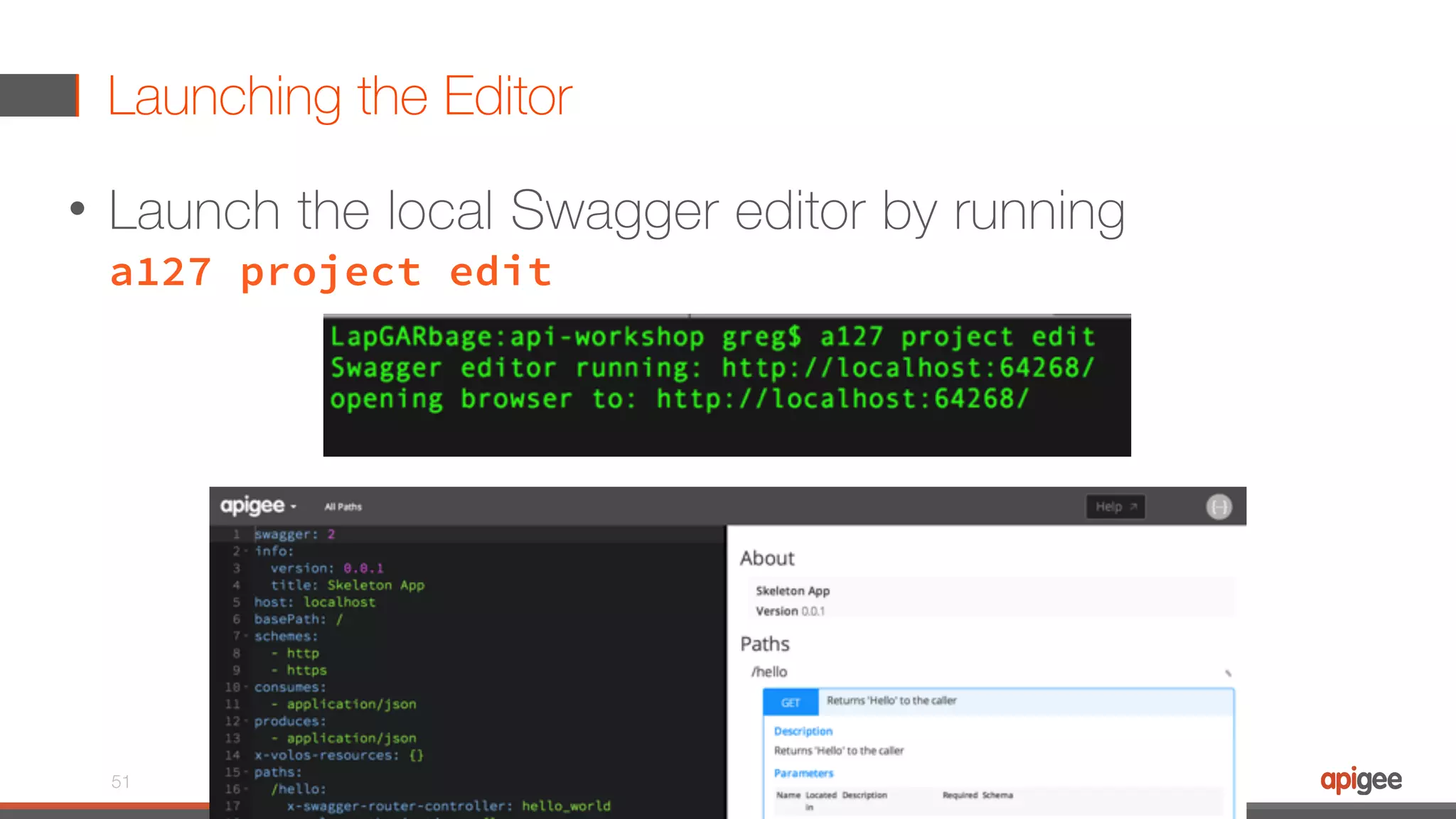 Launching the Editor • Launch the local Swagger editor by running  a127 project edit 51 