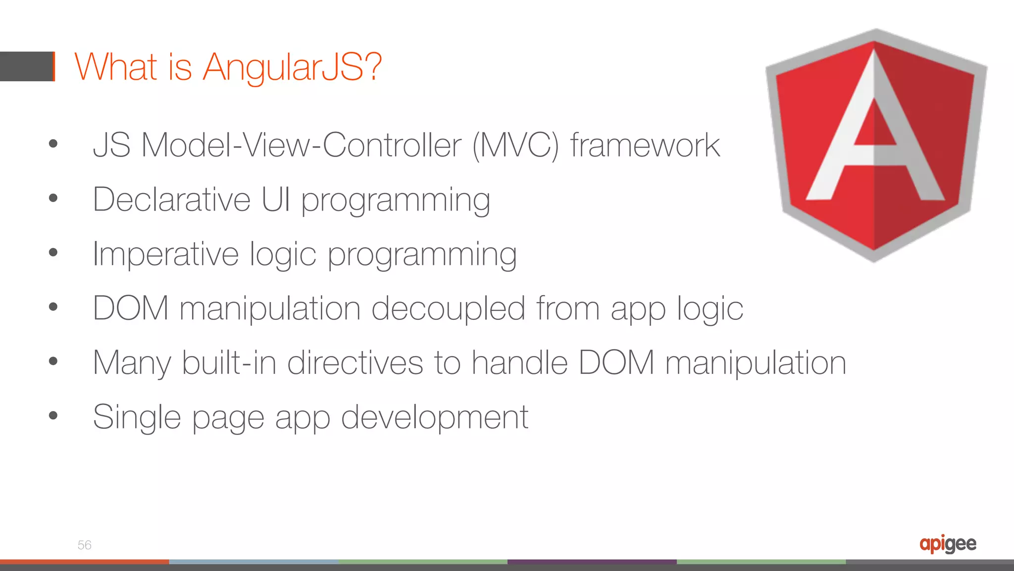 What is AngularJS? • JS Model-View-Controller (MVC) framework • Declarative UI programming • Imperative logic programming • DOM manipulation decoupled from app logic • Many built-in directives to handle DOM manipulation • Single page app development 56 