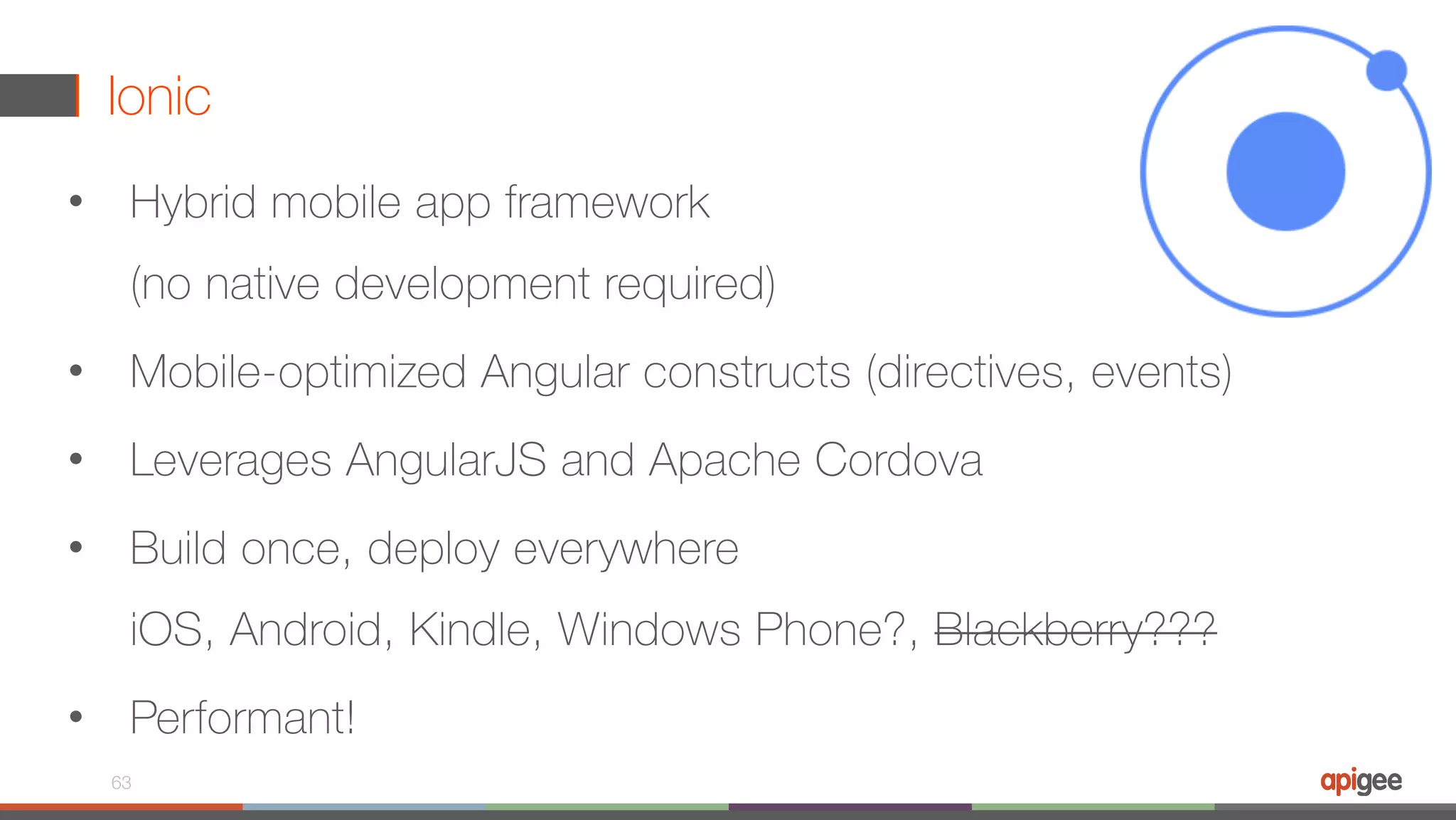 Ionic • Hybrid mobile app framework  (no native development required) • Mobile-optimized Angular constructs (directives, events) • Leverages AngularJS and Apache Cordova • Build once, deploy everywhere  iOS, Android, Kindle, Windows Phone?, Blackberry??? • Performant! 63 