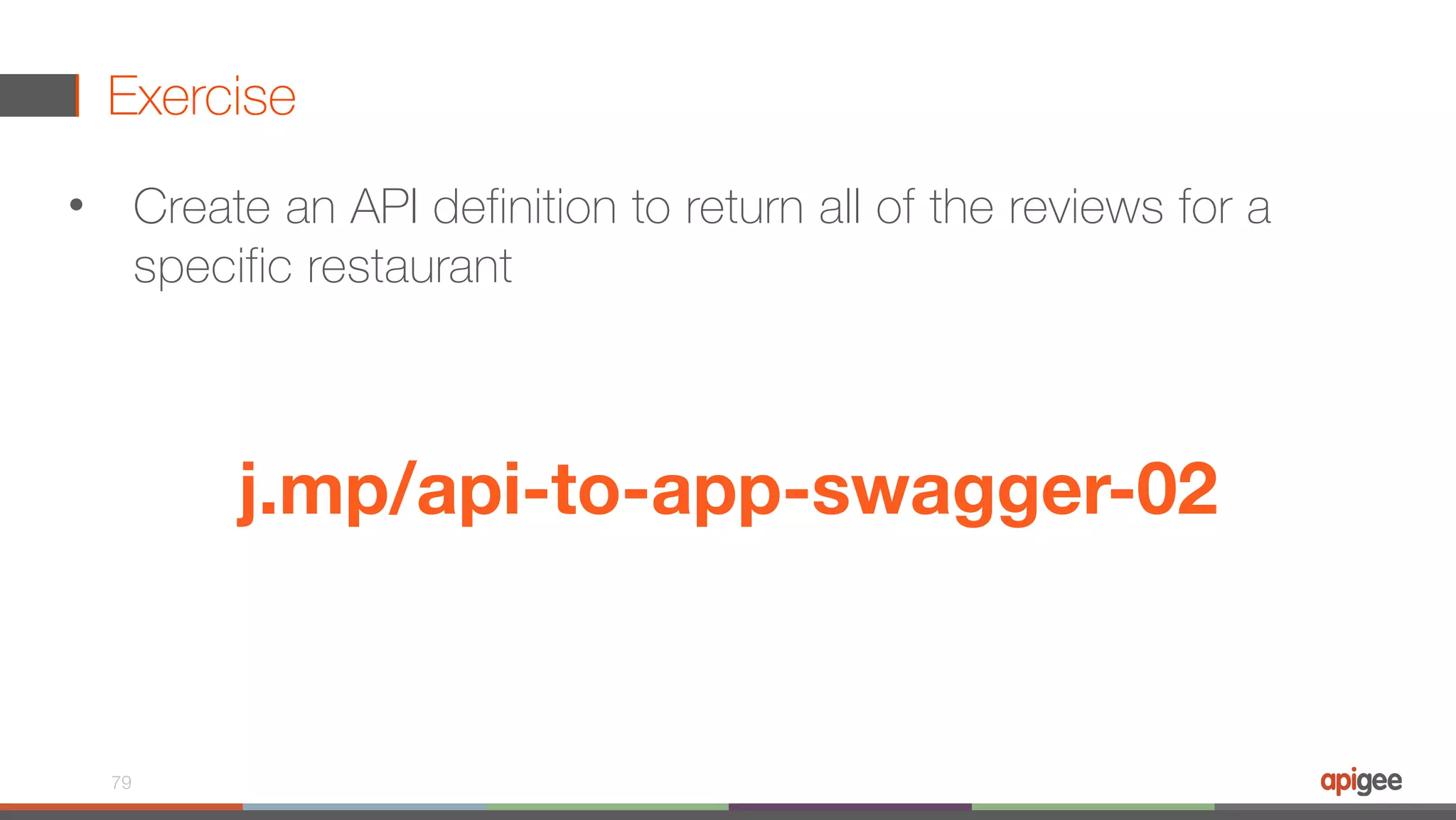 Exercise • Create an API definition to return all of the reviews for a specific restaurant 79 j.mp/api-to-app-swagger-02 