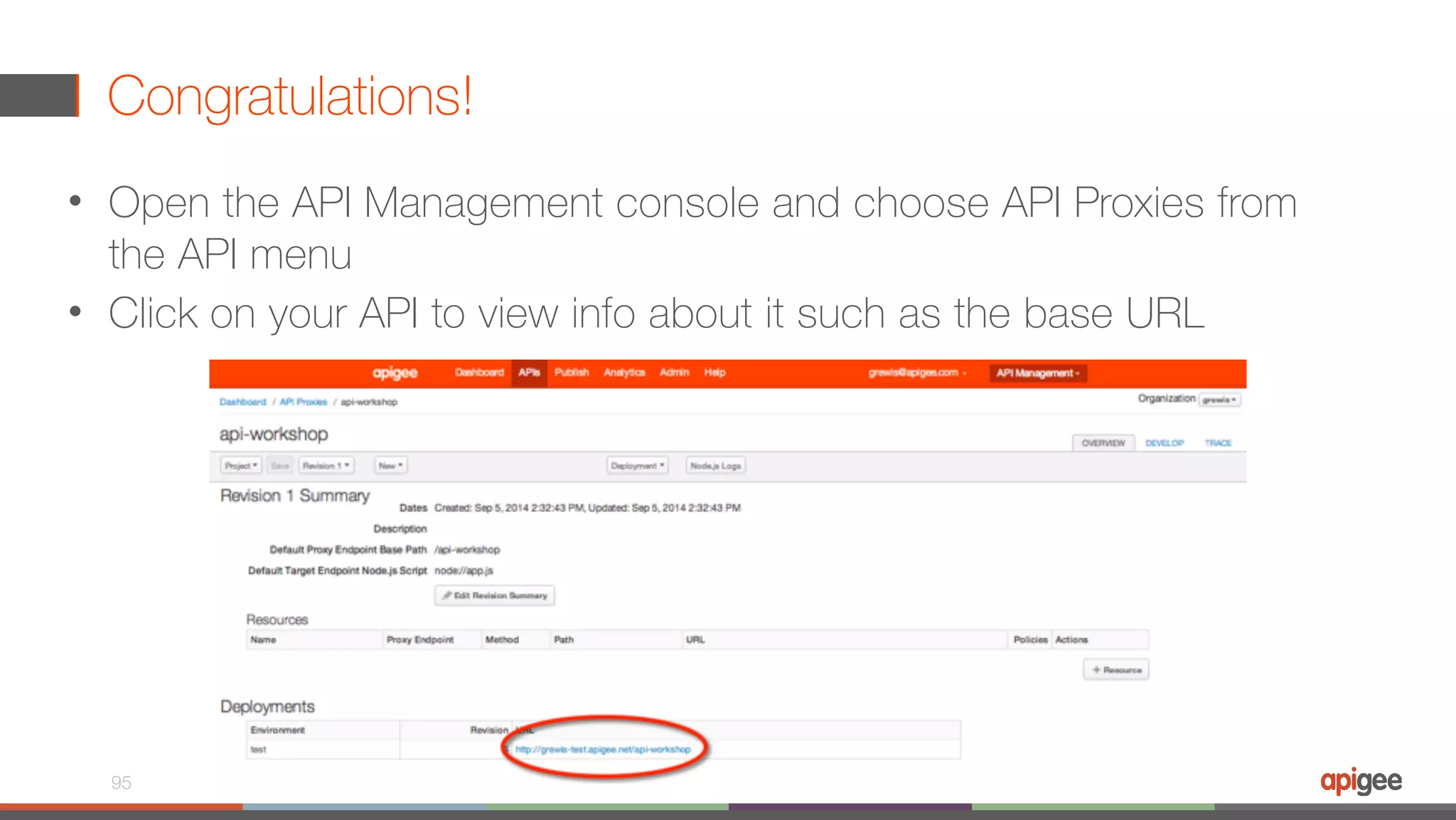 Congratulations! • Open the API Management console and choose API Proxies from the API menu • Click on your API to view info about it such as the base URL 95 