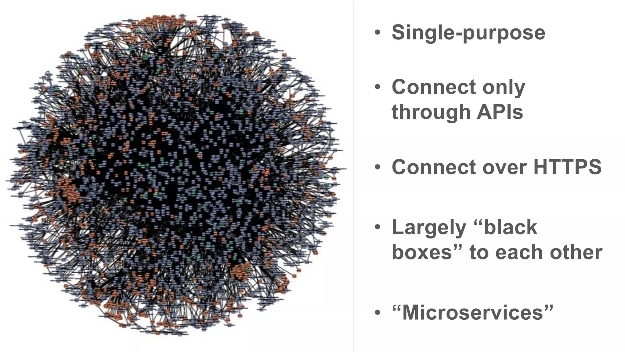 •  Single-purpose
•  Connect only
through APIs
•  Connect over HTTPS
•  Largely “black
boxes” to each other
•  “Microservices”
 