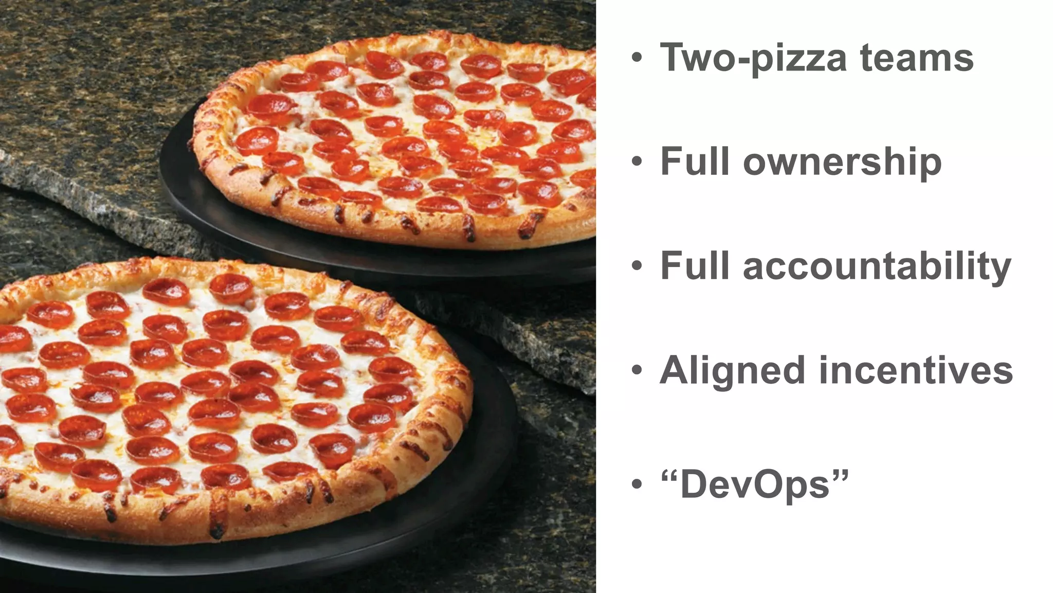 •  Two-pizza teams
•  Full ownership
•  Full accountability
•  Aligned incentives
•  “DevOps”
 