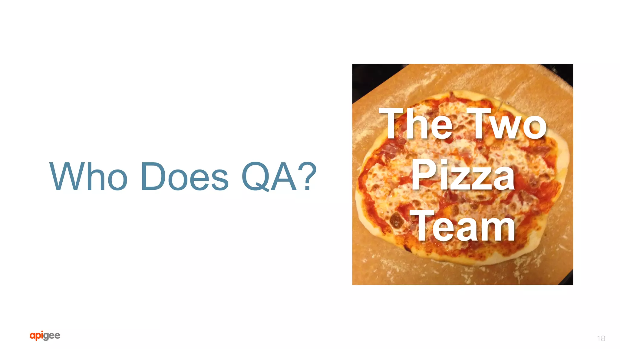 Who Does QA?
18
The Two
Pizza
Team
 