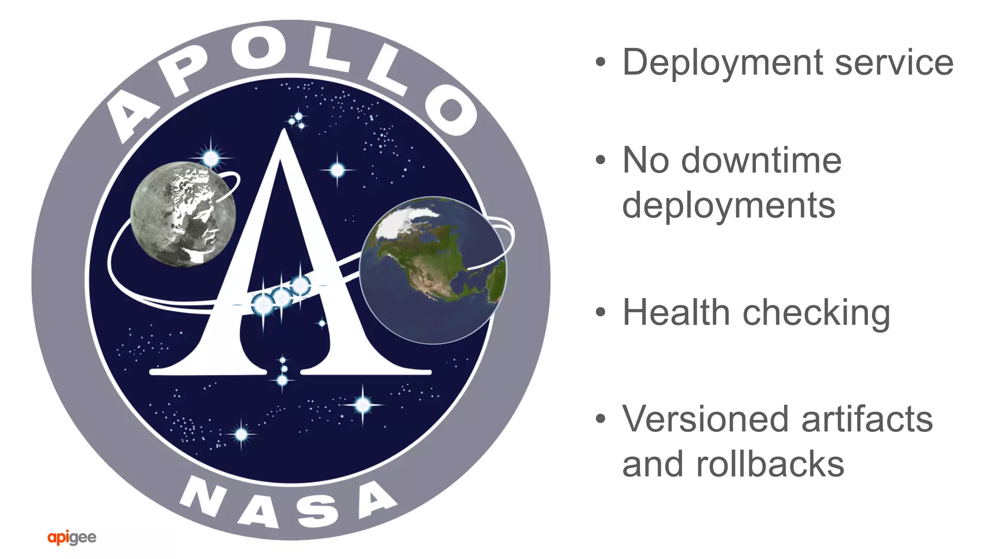•  Deployment service
•  No downtime
deployments
•  Health checking
•  Versioned artifacts
and rollbacks
 