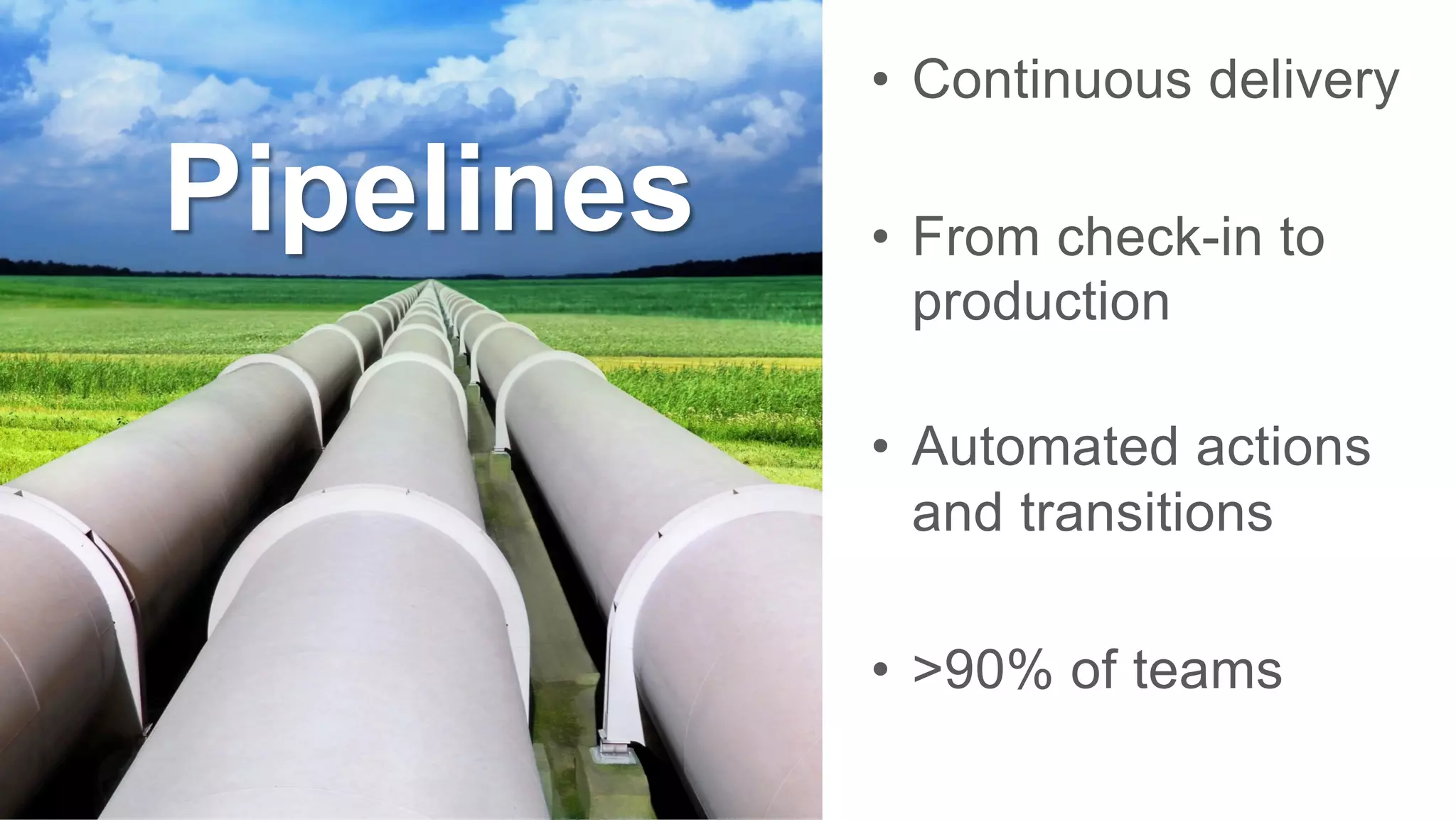 •  Continuous delivery
•  From check-in to
production
•  Automated actions
and transitions
•  >90% of teams
Pipelines
 