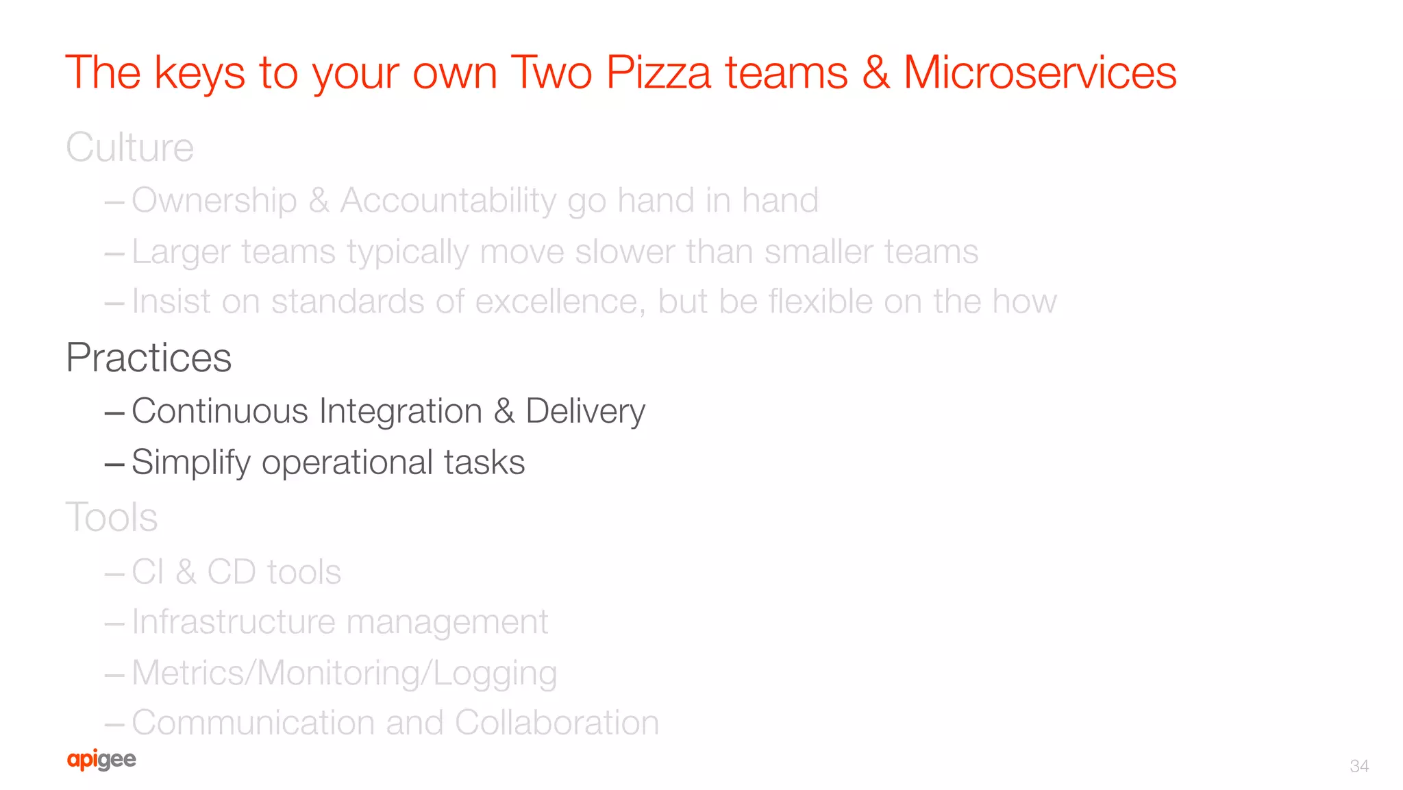 The keys to your own Two Pizza teams & Microservices
Culture
– Ownership & Accountability go hand in hand
– Larger teams typically move slower than smaller teams
– Insist on standards of excellence, but be ﬂexible on the how
Practices
– Continuous Integration & Delivery
– Simplify operational tasks
Tools
– CI & CD tools
– Infrastructure management
– Metrics/Monitoring/Logging
– Communication and Collaboration
34
 