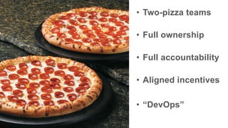 •  Two-pizza teams
•  Full ownership
•  Full accountability
•  Aligned incentives
•  “DevOps”
 