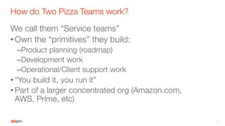 How do Two Pizza Teams work?
We call them “Service teams”
• Own the “primitives” they build:
– Product planning (roadmap)
– Development work
– Operational/Client support work
• “You build it, you run it”
• Part of a larger concentrated org (Amazon.com,
AWS, Prime, etc)
17
 