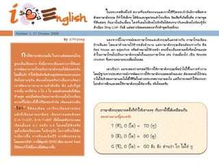 การใช้ภาษาอังกฤษนั้น ในความคิดของคนไทย
ดูจะเป็นเรื่องยาก ทั้งนี้อาจจะเป็นเพราะการใช้และ
การพัฒนาภาษาไทยกับภาษาอังกฤษได้ย้อนศรกัน
โดยสิ้นเชิง ทาให้เป็นปัจจัยด้านอุปสรรคจนหลายๆคน
ท้อไปตามๆกัน สังเกตไหมครับว่าเมื่อเราเกิดมา
เราพัฒนาภาษามาตามลาดับคือ ฟัง แล้วก็พูด
จากนั้น เราก็อ่าน ก ไก่ ข ไข่ ผสมอักษรแล้วก็เขียน
ท้ายสุด แต่เมื่อต้องเรียนภาษาอังกฤษในโรงเรียน
ความที่ไม่มีการใช้ในชีวิตประจาวัน เพียงแต่ว่าเป็น
“วิชา” ที่ต้องเรียน เราก็จะเรียนอ่านก่อน
แล้วก็เขียนตามมาติดๆ เรียนการผสมอักษร
C-A-T=CAT, B-A-T=BAT เชื่อไหมครับว่าบางคน
เรียนตั้งแต่ ป.1 จนถึง ม.6 ไม่เคยได้ฟังหรือ
พูดในห้องเรียนเลย ในปัจจุบัน โอกาสที่จะได้ฟัง
จะมีมากขึ้น การรับเคเบิลทีวี การฟังบรรยาย
โดยเฉพาะกีฬา การได้ดูหนัง (DVD) เสียง sound track
ก็มีส่วนทาให้มีโอกาสได้ฟังมากขึ้น
ในประเทศสิงค์โปร์ ความที่บนท้องถนนและการใช้ชีวิตประจาวันมีการสื่อสาร
ด้วยภาษาอังกฤษ ก็ทาให้เด็กๆ ได้ฟังและพูดก่อนเข้าโรงเรียน ข้อเสียที่เกิดขึ้นคือ ภาษาพูด
ที่สืบต่อๆ กันมานั้นมันเพี้ยน ใครที่เคยไปสิงคโปร์หรือได้สนทนากับคนสิงคโปร์คงรู้จัก
สาเนียง Sing-Lish กันดี แต่อย่างน้อยคนของเขาก็กล้าพูดกับฝรั่งนะ
นอกจากนี้ไวยากรณ์ของภาษาไทยและอังกฤษก็แตกต่างกัน ภาษาไทยเขียน
บ้านสีแดง โดยเอาคาขยายไว้ข้างหลังคานาม แต่ภาษาอังกฤษเขียนย้อนทางกัน คือ
Red house เอา adjective หรือคาขยายไว้ข้างหน้า ตรงนี้จะเห็นหลายครั้งที่คนไทยแปล
คาในภาษาไทยไปเป็นภาษาอังกฤษไปในแบบภาษาไทย เช่น ก๋วยเตี๋ยวไก่ เป็น Noodle
chicken ซึ่งความหมายจะเปลี่ยนไปเลย
เอาเป็นว่า ผมจะลองถ่ายทอดวิธีการใช้ภาษาอังกฤษเพื่อนาไปใช้ในการทางาน
โดยมีฐานจากประสบการณ์การพัฒนาการใช้ภาษาอังกฤษของตัวผมเอง ต้องออกตัวไว้ก่อน
ว่าไม่ใช่เจ้าของภาษาและไม่ได้ใช้ชีวิตในต่างประเทศมากมายอะไร แต่ก็น่าจะพอทาให้พวกเรา
ไม่กลัวการฝึกและลองใช้ภาษาอังกฤษให้มากขึ้น จริงไหมครับ
Number 1, 21 October 2008
ลองอ่านตามนี้ดูนะครับ
By Kittipong
i English
 