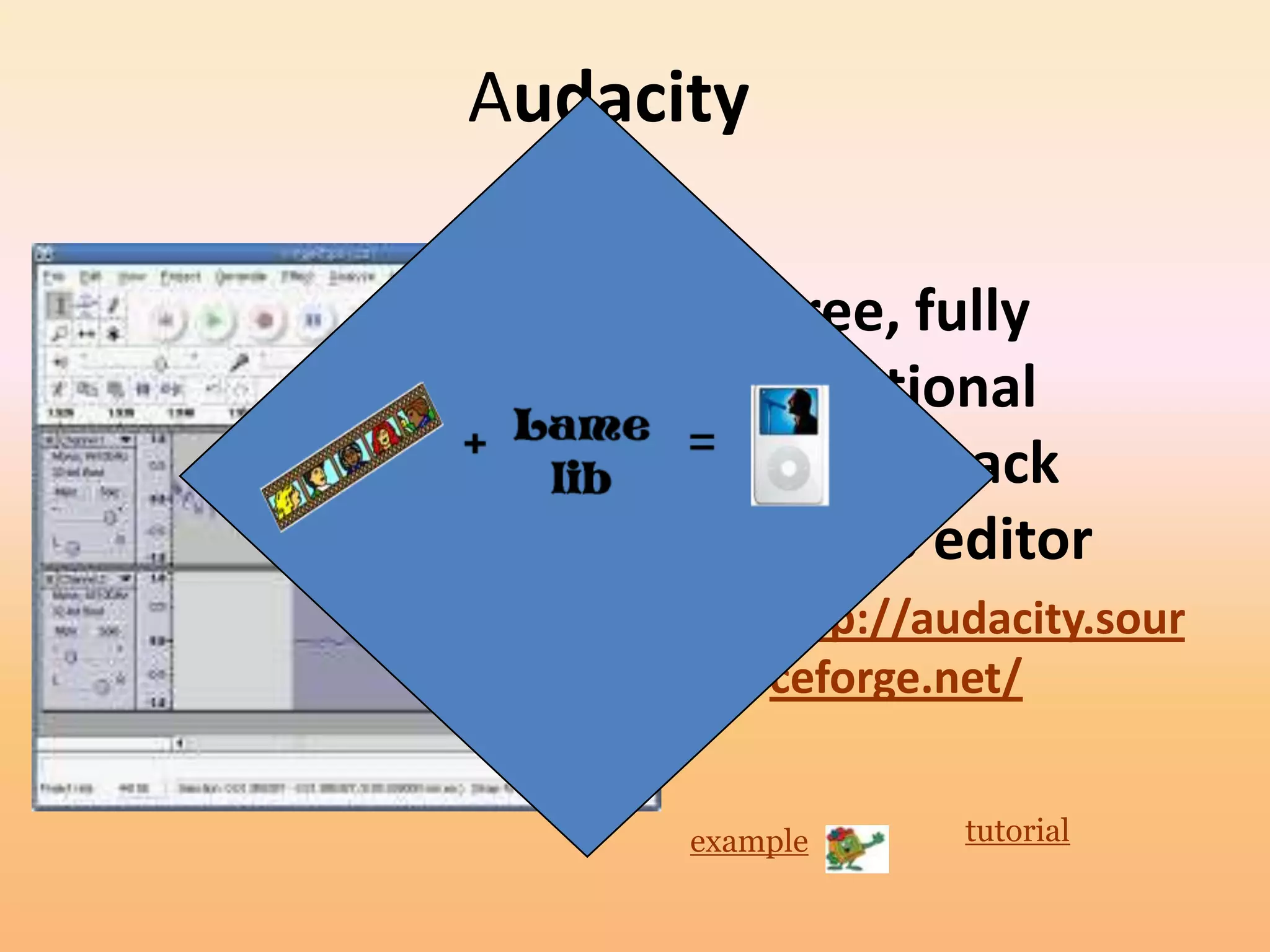 Audacity

       • Free, fully
         functional
         multi-track
         audio editor
       • http://audacity.sour
         ceforge.net/


      example     tutorial
 