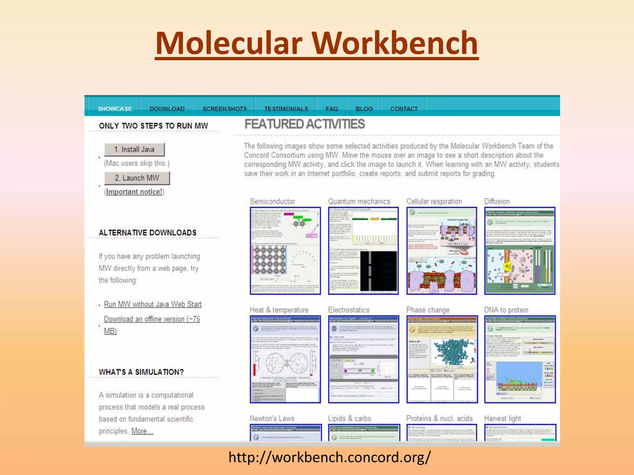 Molecular Workbench




    http://workbench.concord.org/
 