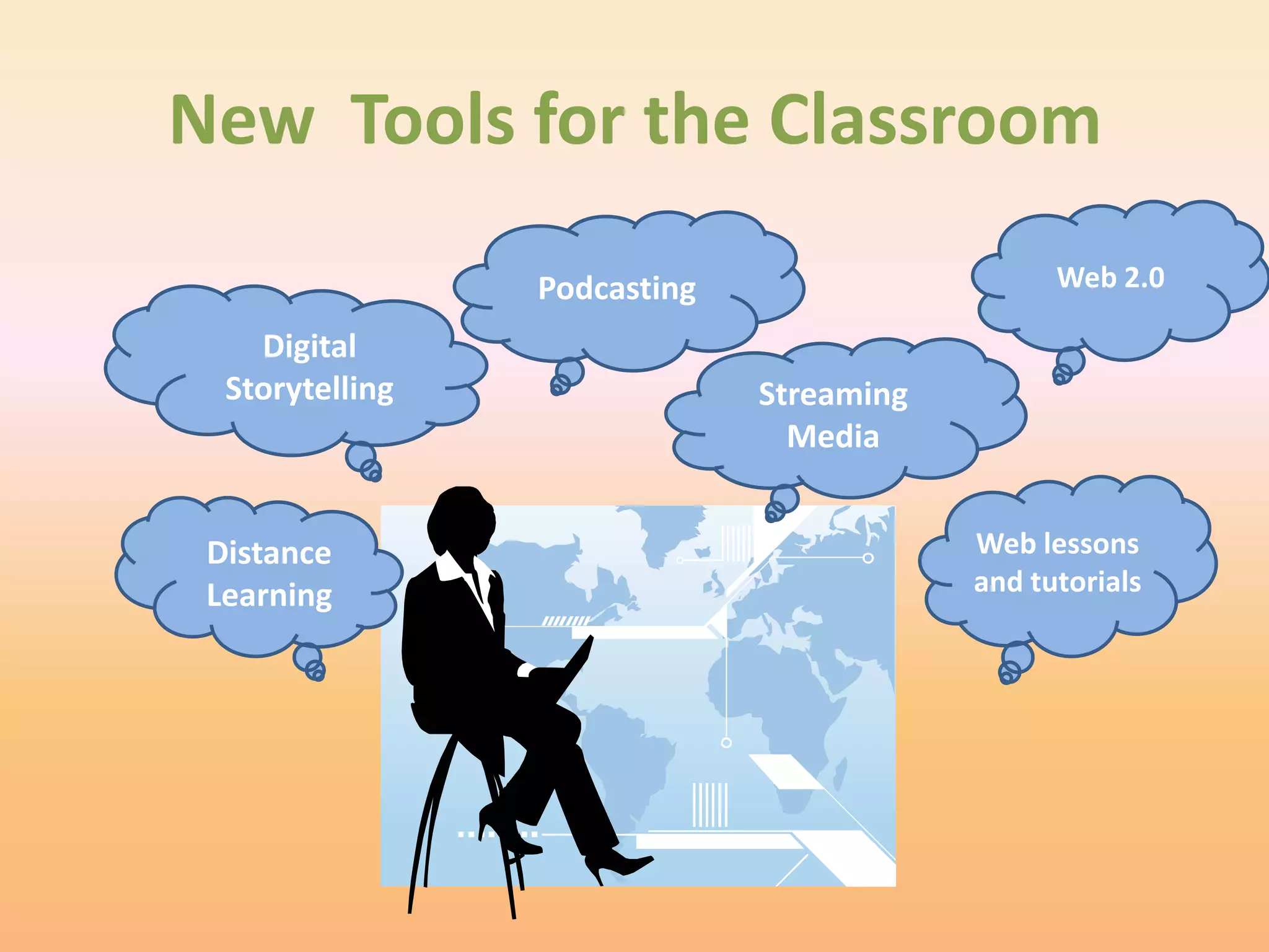 New Tools for the Classroom

                 Podcasting                     Web 2.0

    Digital
  Storytelling                Streaming
                                Media


 Distance                                 Web lessons
 Learning                                 and tutorials
 