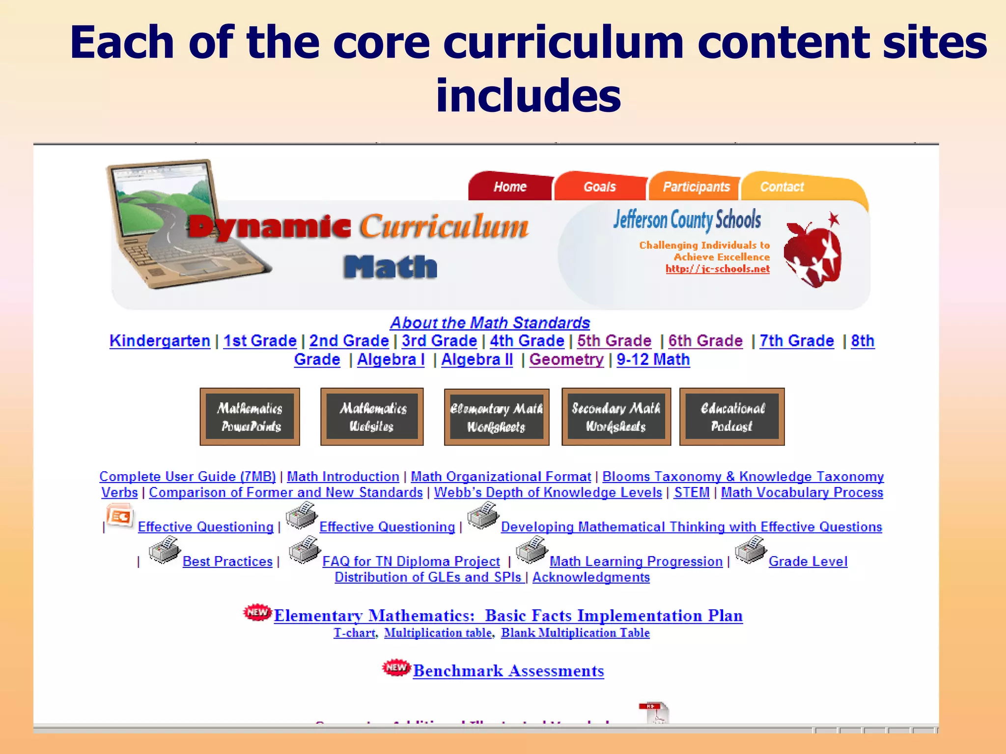 Each of the core curriculum content sites
                includes
 