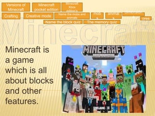 Minecraft is
a game
which is all
about blocks
and other
features.
Minecraft
pocket edition
Versions of
Minecraft
Crafting Creative mode
Minecraft
Xbox
edition’s
Name the block quiz The memory quiz
Name the mobs and
animals
mob
s
animal
s ores
dimension
s
 