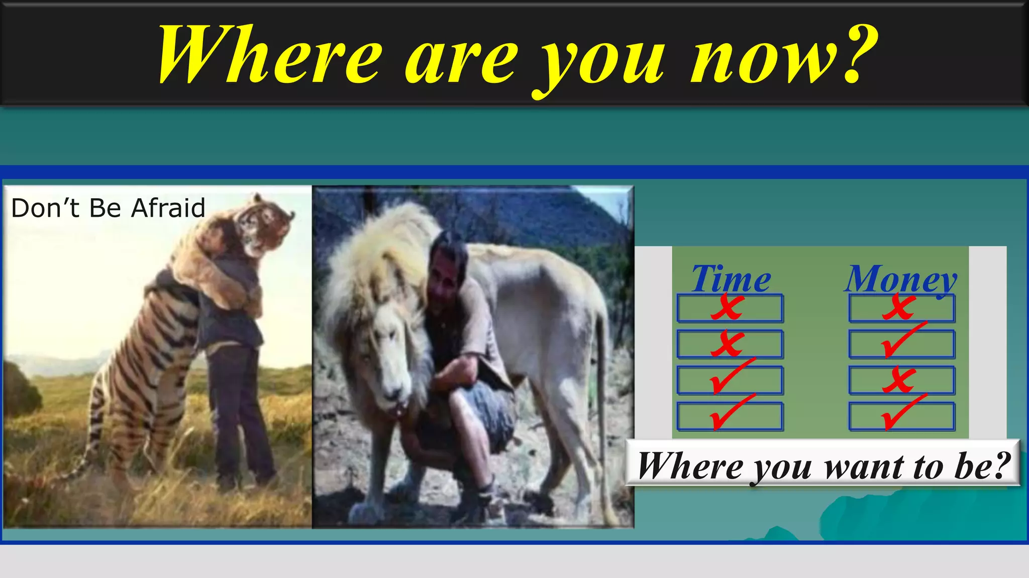 Where are you now?
Don’t Be Afraid

                       Time     Money
                                 
                                 
                                 
                                 
                     Where you want to be?
 