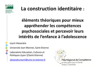 La construction identitaire :
éléments théoriques pour mieux
appréhender les compétences
psychosociales et percevoir leurs...
