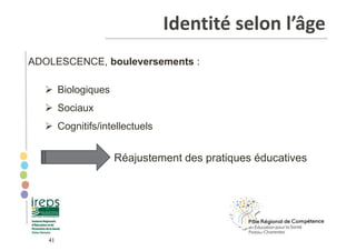 41
ADOLESCENCE, bouleversements :
Biologiques
Sociaux
Cognitifs/intellectuels
Réajustement des pratiques éducatives
Identi...