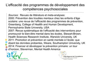 L’efficacité des programmes de développement des
compétences psychosociales
Sources: Revues de littérature et meta-analyse...