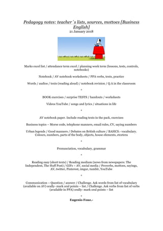 Pedagogy notes: teacher´s lists, sources, mottoes [Business
English]
21 January 2018
Marks excel list / attendance term excel / planning week term (lessons, tests, controls,
notebooks)
Notebook / AV notebook worksheets / PPA verbs, texts, practice
Words / audios / texts (reading aloud) / notebook revision / Q.A in the classroom
*
BOOK exercises / surprise TESTS / handouts / worksheets
Videos YouTube / songs and lyrics / situations in life
*
AV notebook paper. Include reading texts in the pack, exercises
Business topics – Morse code, telephone manners, email rules, CV, saying numbers
Urban legends / Good manners / Debates on British culture / BASICS.- vocabulary.
Colours, numbers, parts of the body, objects, house elements, etcetera
*
Pronunciation, vocabulary, grammar
*
Reading easy (short texts) / Reading medium (news from newspapers: The
Independent, The Huff Post) / GIFs – AV, social media / Proverbs, mottoes, sayings,
AV, twitter, Pinterest, imgur, tumblr, YouTube
*
Communication – Question / answer / Challenge. Ask words from list of vocabulary
(available on AV) orally- mark oral points – list / Challenge. Ask verbs from list of verbs
(available in PPA) orally- mark oral points – list
*
Eugenio Fouz.-
 