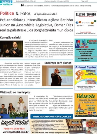 PARANANOTICIAS.COM.BR Campo Mourão, 15 maio de 2018 Página 03
PARANÁ
Notícias
Correção salarial
O PSD e mais onze deputa-
...
