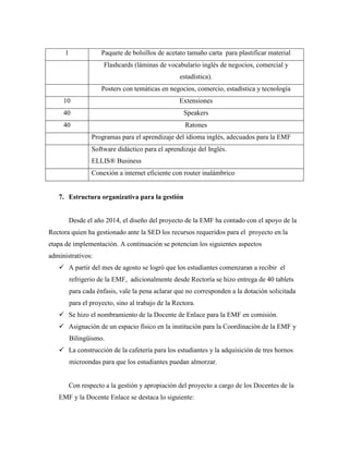 1 Paquete de bolsillos de acetato tamaño carta para plastificar material
Flashcards (láminas de vocabulario inglés de negocios, comercial y
estadística).
Posters con temáticas en negocios, comercio, estadística y tecnología
10 Extensiones
40 Speakers
40 Ratones
Programas para el aprendizaje del idioma inglés, adecuados para la EMF
Software didáctico para el aprendizaje del Inglés.
ELLIS® Business
Conexión a internet eficiente con router inalámbrico
7. Estructura organizativa para la gestión
Desde el año 2014, el diseño del proyecto de la EMF ha contado con el apoyo de la
Rectora quien ha gestionado ante la SED los recursos requeridos para el proyecto en la
etapa de implementación. A continuación se potencian los siguientes aspectos
administrativos:
 A partir del mes de agosto se logró que los estudiantes comenzaran a recibir el
refrigerio de la EMF, adicionalmente desde Rectoría se hizo entrega de 40 tablets
para cada énfasis, vale la pena aclarar que no corresponden a la dotación solicitada
para el proyecto, sino al trabajo de la Rectora.
 Se hizo el nombramiento de la Docente de Enlace para la EMF en comisión.
 Asignación de un espacio físico en la institución para la Coordinación de la EMF y
Bilingüismo.
 La construcción de la cafetería para los estudiantes y la adquisición de tres hornos
microondas para que los estudiantes puedan almorzar.
Con respecto a la gestión y apropiación del proyecto a cargo de los Docentes de la
EMF y la Docente Enlace se destaca lo siguiente:
 