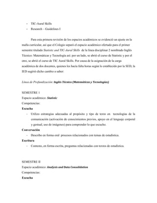 - TIC-Aural Skills
- Research – Guidelines I
Para esta primera revisión de los espacios académicos se evidenció un ajuste en la
malla curricular, así que el Colegio separó el espacio académico ofertado para el primer
semestre titulado Statistic and TIC-Aural Skills de la línea disciplinar 2 nombrado Inglés
Técnico: Matemáticas y Tecnología así: por un lado, se abrió el curso de Statistic y por el
otro, se abrió el curso de TIC Aural Skills. Por causa de la asignación de la carga
académica de dos docentes, quienes les hacía falta horas según lo establecido por la SED, la
IED sugirió dicho cambio a saber:
Línea de Profundización: Inglés Técnico (Matemáticas y Tecnologías)
SEMESTRE 1
Espacio académico: Statistic
Competencias:
Escucha
- Utilizo estrategias adecuadas al propósito y tipo de texto en tecnologías de la
comunicación (activación de conocimientos previos, apoyo en el lenguaje corporal
y gestual, uso de imágenes) para comprender lo que escucho.
Conversación
- Describo en forma oral procesos relacionados con temas de estadística.
Escritura
- Contesto, en forma escrita, preguntas relacionadas con textos de estadística.
SEMESTRE II
Espacio académico: Analysis and Data Consolidation
Competencias:
Escucha
 