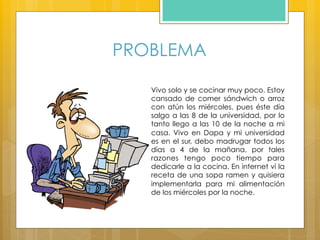 PROBLEMA
Vivo solo y se cocinar muy poco. Estoy
cansado de comer sándwich o arroz
con atún los miércoles, pues éste día
salgo a las 8 de la universidad, por lo
tanto llego a las 10 de la noche a mi
casa. Vivo en Dapa y mi universidad
es en el sur, debo madrugar todos los
días a 4 de la mañana, por tales
razones tengo poco tiempo para
dedicarle a la cocina. En internet ví la
receta de una sopa ramen y quisiera
implementarla para mi alimentación
de los miércoles por la noche.
 