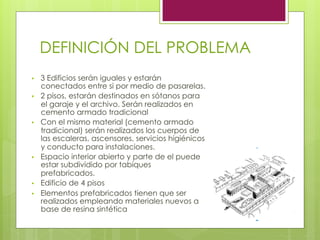 DEFINICIÓN DEL PROBLEMA
•  3 Edificios serán iguales y estarán
conectados entre si por medio de pasarelas.
•  2 pisos, estarán destinados en sótanos para
el garaje y el archivo. Serán realizados en
cemento armado tradicional
•  Con el mismo material (cemento armado
tradicional) serán realizados los cuerpos de
las escaleras, ascensores, servicios higiénicos
y conducto para instalaciones.
•  Espacio interior abierto y parte de el puede
estar subdividido por tabiques
prefabricados.
•  Edificio de 4 pisos
•  Elementos prefabricados tienen que ser
realizados empleando materiales nuevos a
base de resina sintética
 